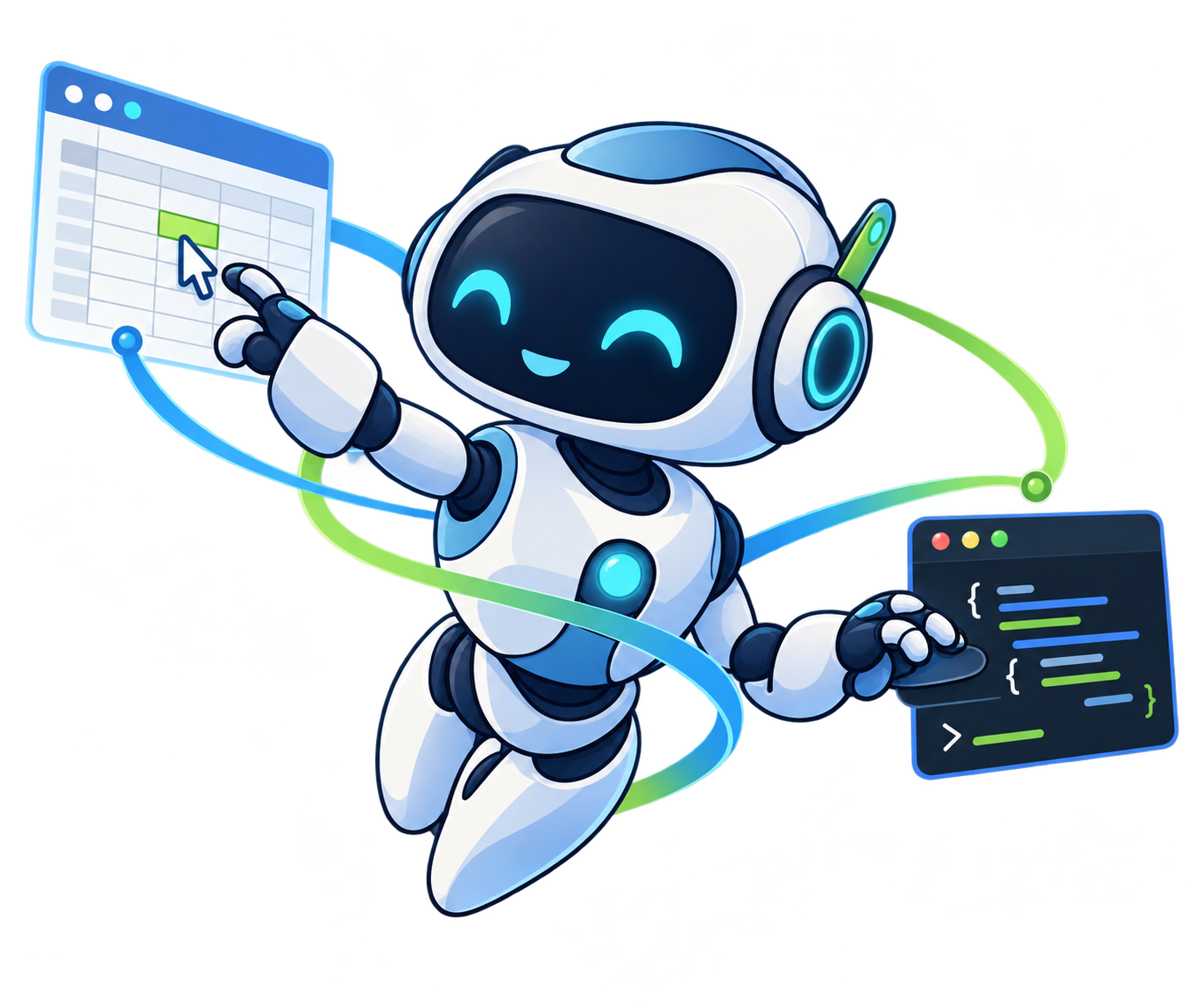 A small robot using a desktop GUI and code side by side, joined by blue and green helix ribbons