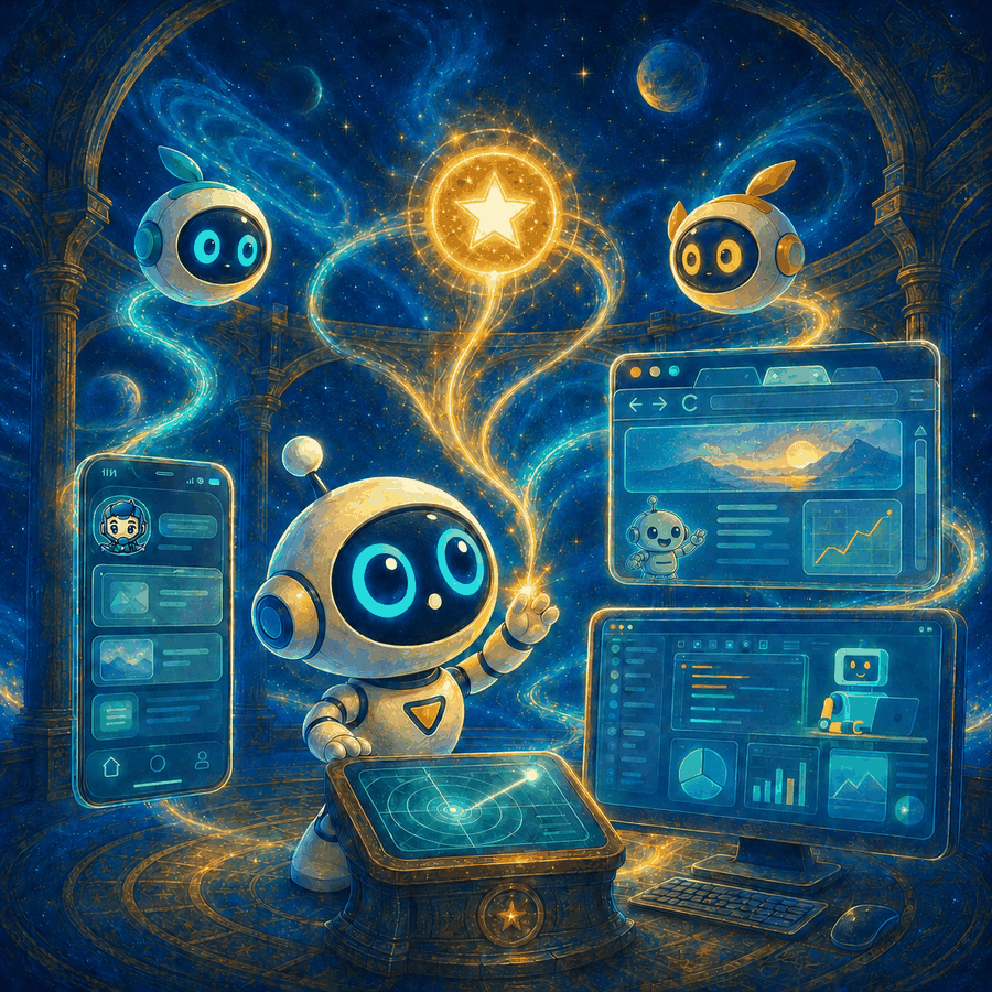 OSReward key art: an agent working across a phone, a desktop and a browser while a golden reward star hovers above.